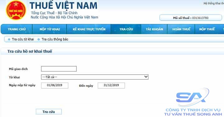 tra cứu nộp thuế tờ khai